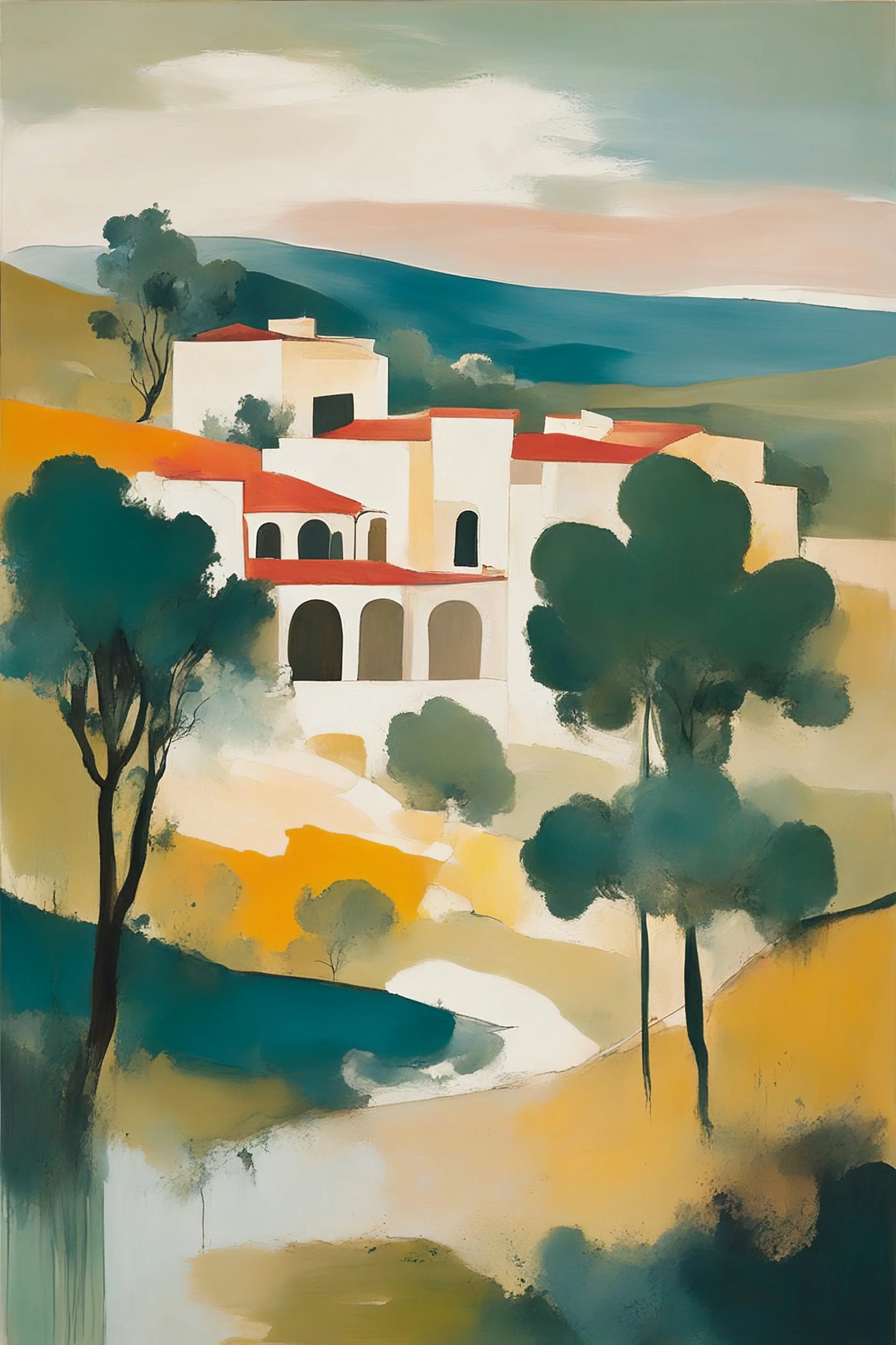 an abstract painting of an idyllic 16th century Spanish villa set amidst rolling hills and ancient olive groves , in the imagery-stain painting style of Helen Frankenthaler and Jean-Michel Basquiat muted natural colors, museum quality masterpiece