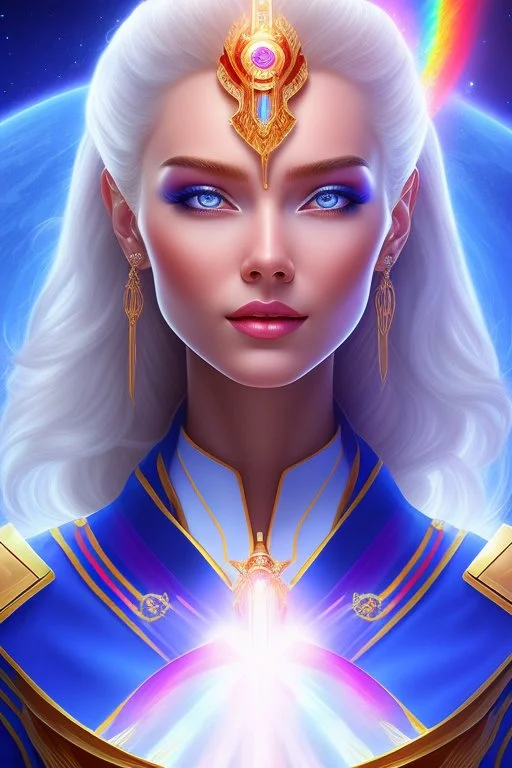 young cosmic woman admiral from the future, one fine whole face, large cosmic forehead, crystalline skin, expressive blue eyes, blue hair, smiling lips, very nice smile, costume pleiadian,rainbow ufo