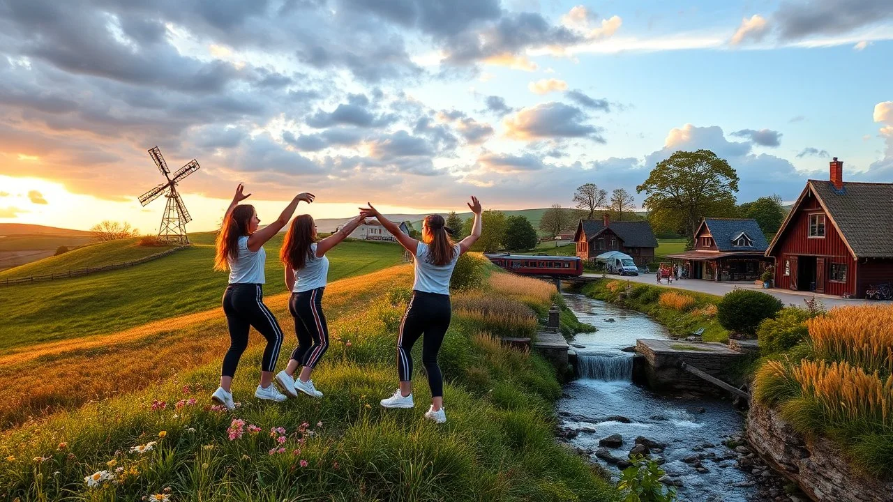 a group of young ladies in sports pants and blouse are dancing to camera in village over high grassy hills,a small fall and river and wild flowers at river sides, trees houses ,next to Ripe wheat ready for harvest farm,windmill ,a pretty train is arriving to station,a few village local shops ,cloudy sun set sky