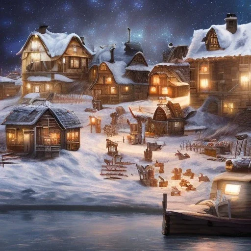 tiny fantasy farming village at night with wooden buildings in winter moonlight