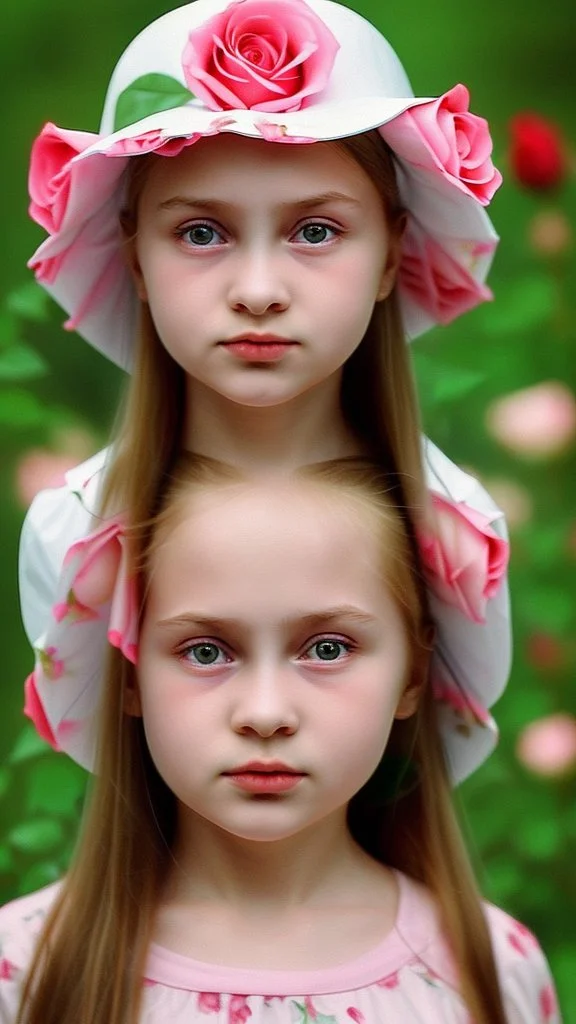 A little girl from Russia at the age of 7 years holds a lot of roses and puts them on her face, and she wears a white Bucket Hat, she puts the roses in front of her face, so her face does not appear, so her face does not appear,(Many Flowers: 1.2), Soft Light, Golden Hour, Upper Body, HDR, 8k, Natural Skin Texture, AO, Intricate, Highly Detailed, Sharp Focus, Crazy Detail, Intricate Detail, Highly Detailed ,The girl looked down