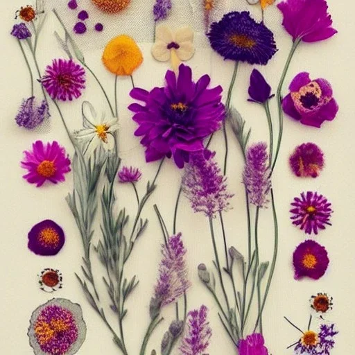 delicate arrangement of pressed flowers, beautiful composition, aesthetic layout, wildflowers, fine lineart