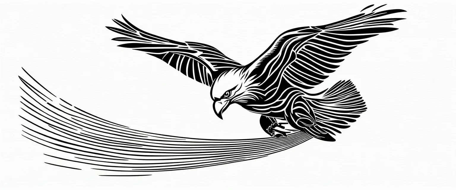 flying eagle diving to the bottom right trailing graphic lines and lost feathers, vector