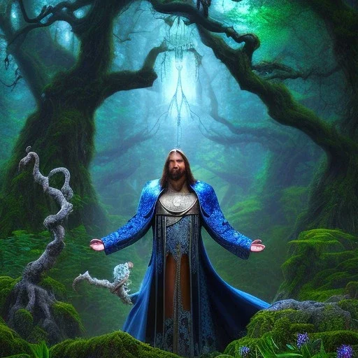 crazy detail, magical forest background, waterfall, blue but cloudy skies, man in dark robes,dark stone statue, lively eyes,hidden hands, framed by foliage, runes on dices, warm light, holding up scroll