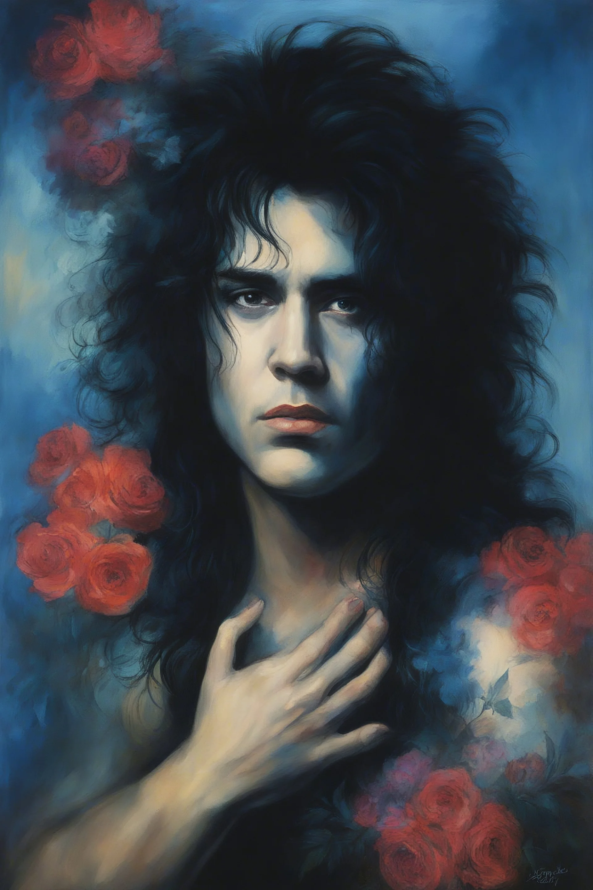 Chiaroscuro lighting, deep shadows, rich deep colors, facial portraits, 1980, 42-year-old Elvis Presley, ((1980's big hair, long, teased up Spikey Motley Crue style hair)), black hair, facial portraits, foggy, cloudy blue wall with assorted designs and multiple floral arrangements in the background, 4k, 8k, 16k, 32k, 100k UHD, Ultra-Hyper Resolution, dark, sultry eyeshadow, eyeliner, mascara, rouge, lipstick,