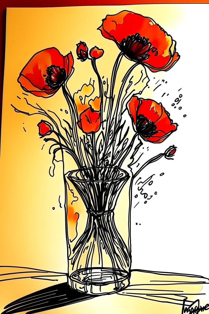 Sketchy sharp line wet watercolour of a vase of poppies
