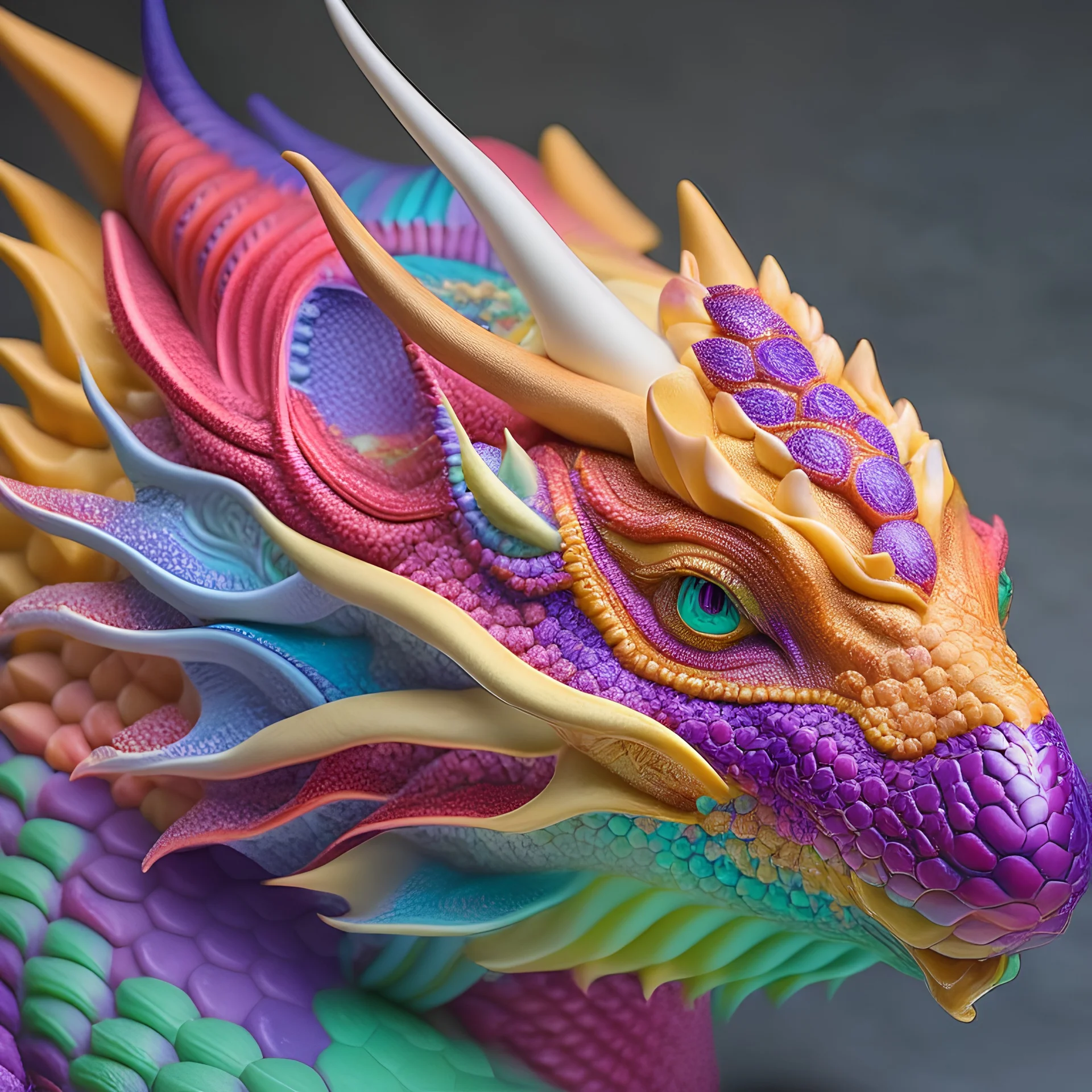 Gorgeous dragon head made from all colors of marzipan