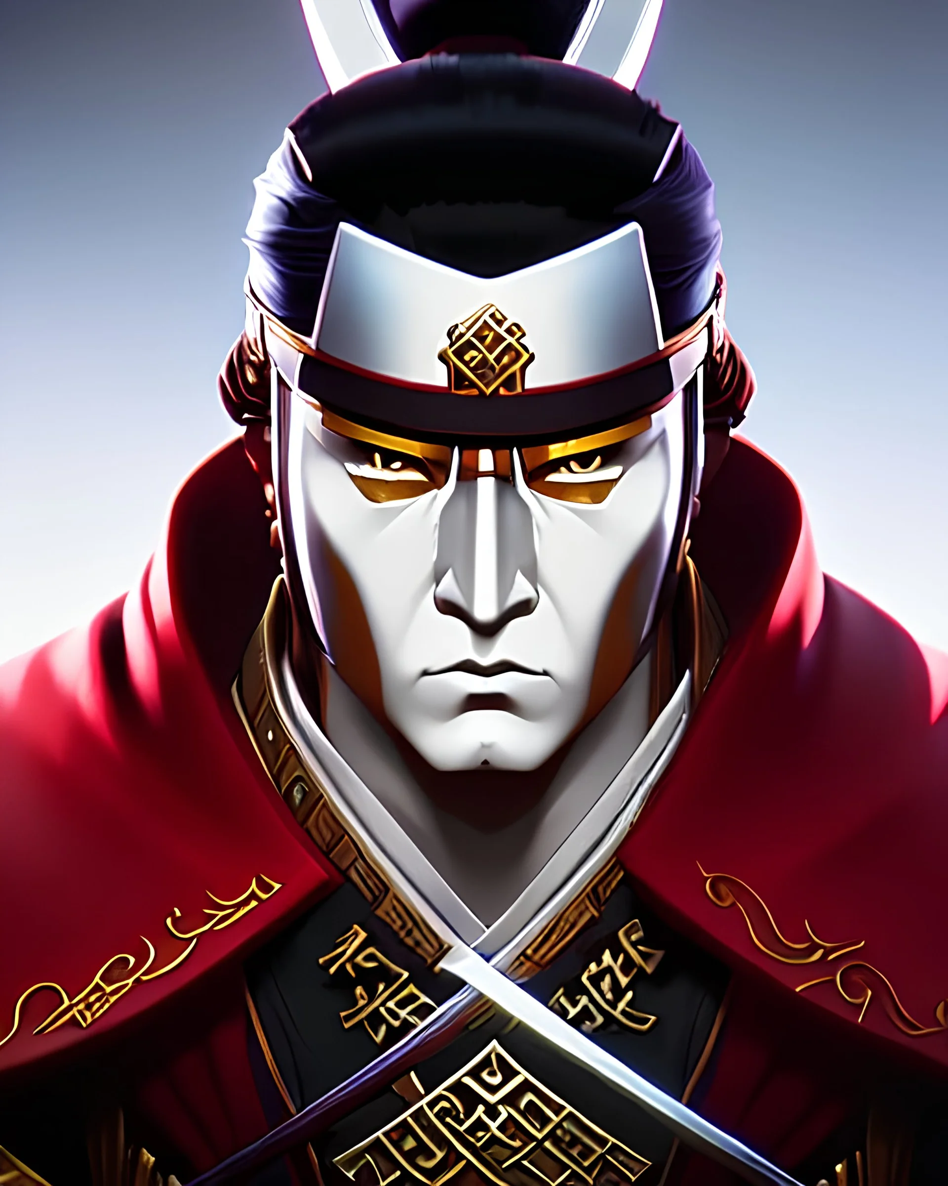 a portrait of an ancient japanese warrior, samurai, white clothes, katana, super detailed, bright colors,