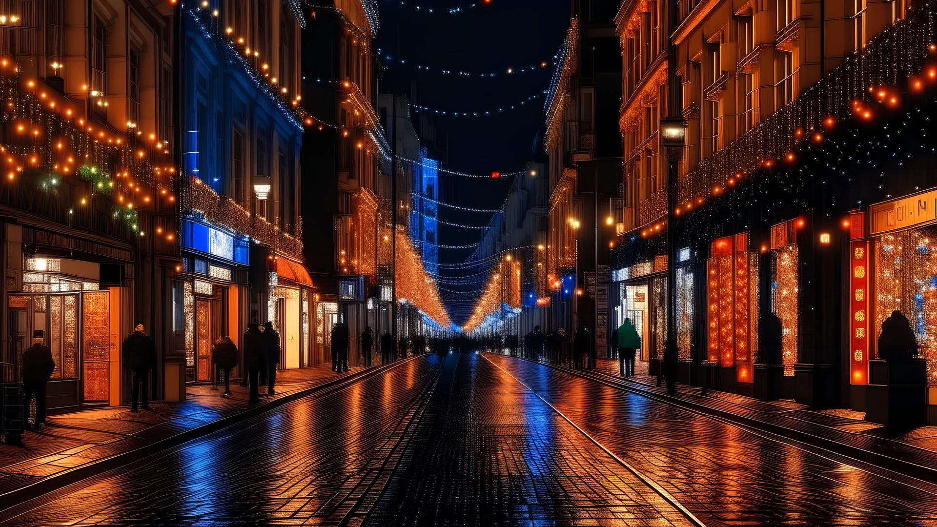 in a city street lit up in christmas lights Generative AI
