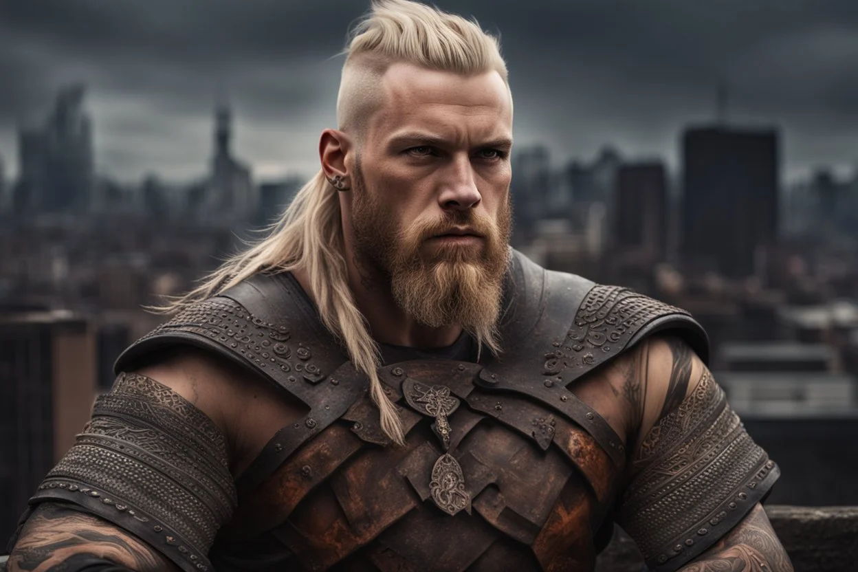 photorealistic portait of henry cavell as viking with blonde undercut tribal tattoos modern fantasy dark cityscape