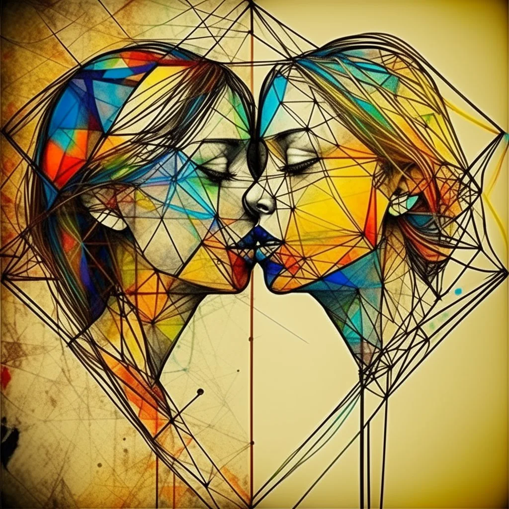 Whimsical kissing: This strange asymmetric abnormal kissable beautylady has a head that looks like a triangle, a square and a circle sewn together with cords. Colorful abstract art, mixed media. Disturbing, turpistic, dark. Scratches. Kissing background.