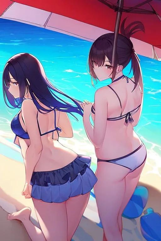 waifu at beach in a bikini with her back turned