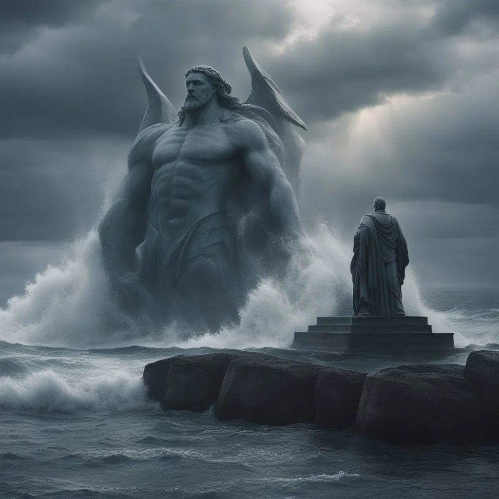 **Cinematic Art:** Visualize colossal, ancient statues emerging from the sea, their outstretched arms holding back storm surges. These guardians symbolize resilience and protection against coastal flooding. Wide-angle shots capturing the vastness of the ocean and the statutes imposing presence. **Appearance:** Cinematic art ideas that that encapsulate the essence of constructing and optimizing flood and stormwater infrastructure in geographical and coastal areas prone to natural disasters. These