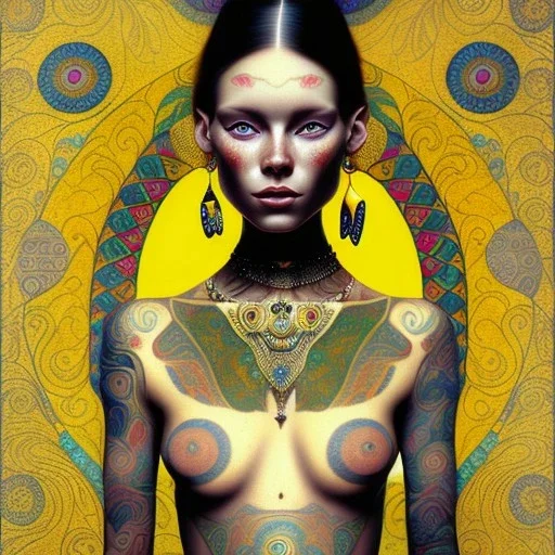 retrato de mujer tribal bella con tatuajes con estilo de Gustav Klimt