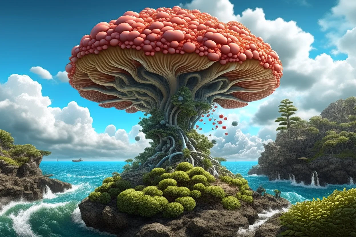 Creation: photorealistic exotic giant fungus and coral with tentacles floating down to a rocky shoreline, cliffs, and cloud trees