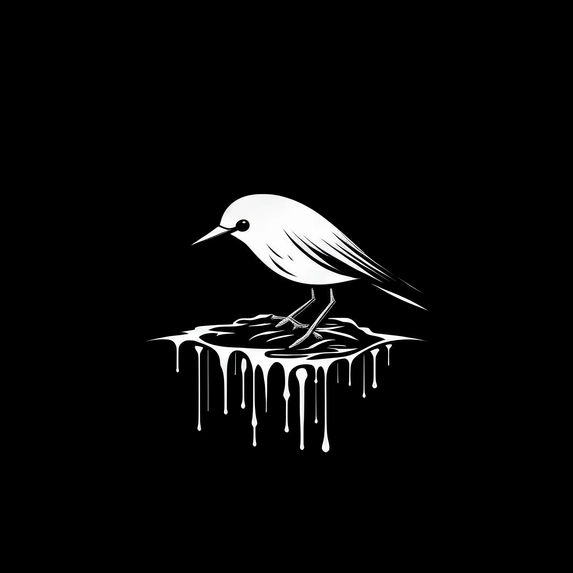 minimalistic black and white logo of a small bill bird, dripping blood over black background