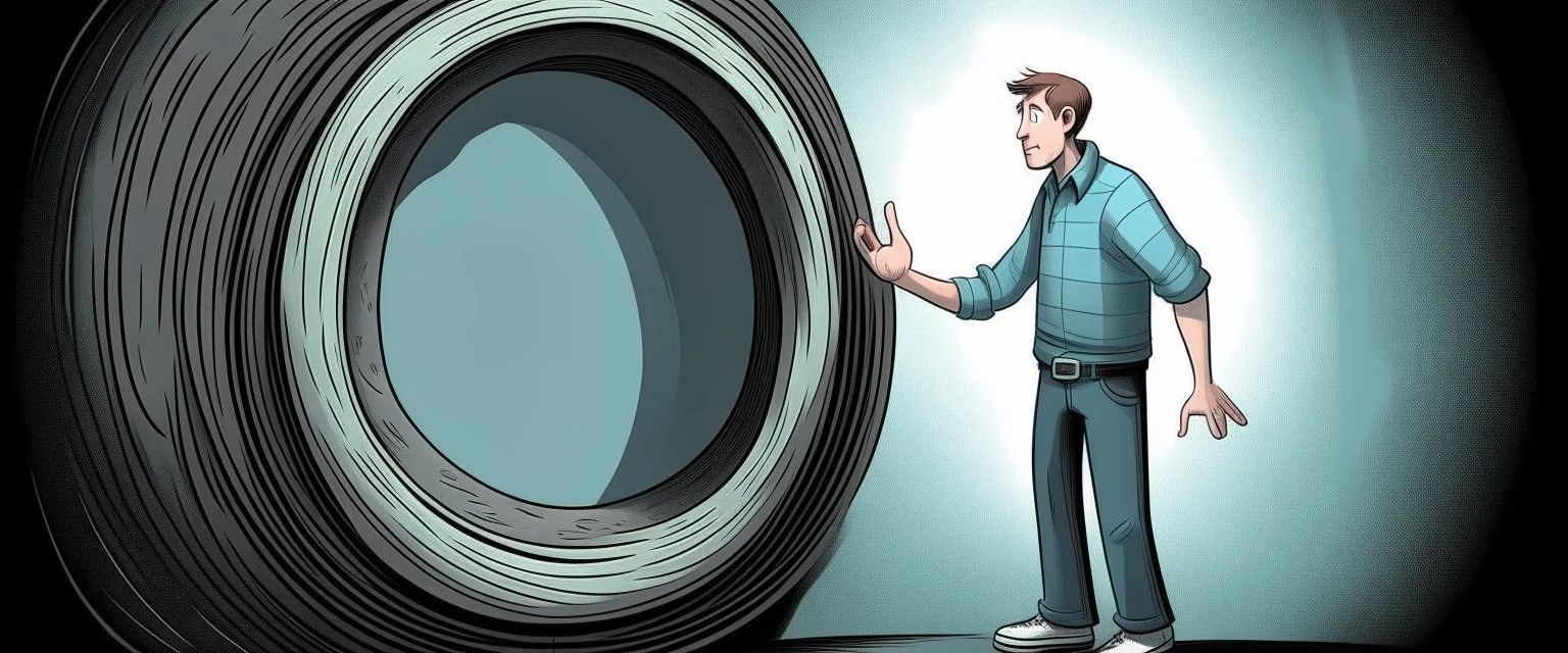 scared man sticks his normal arm into teleportation device portal for testing, the arm comes out of a hole just beside the portal