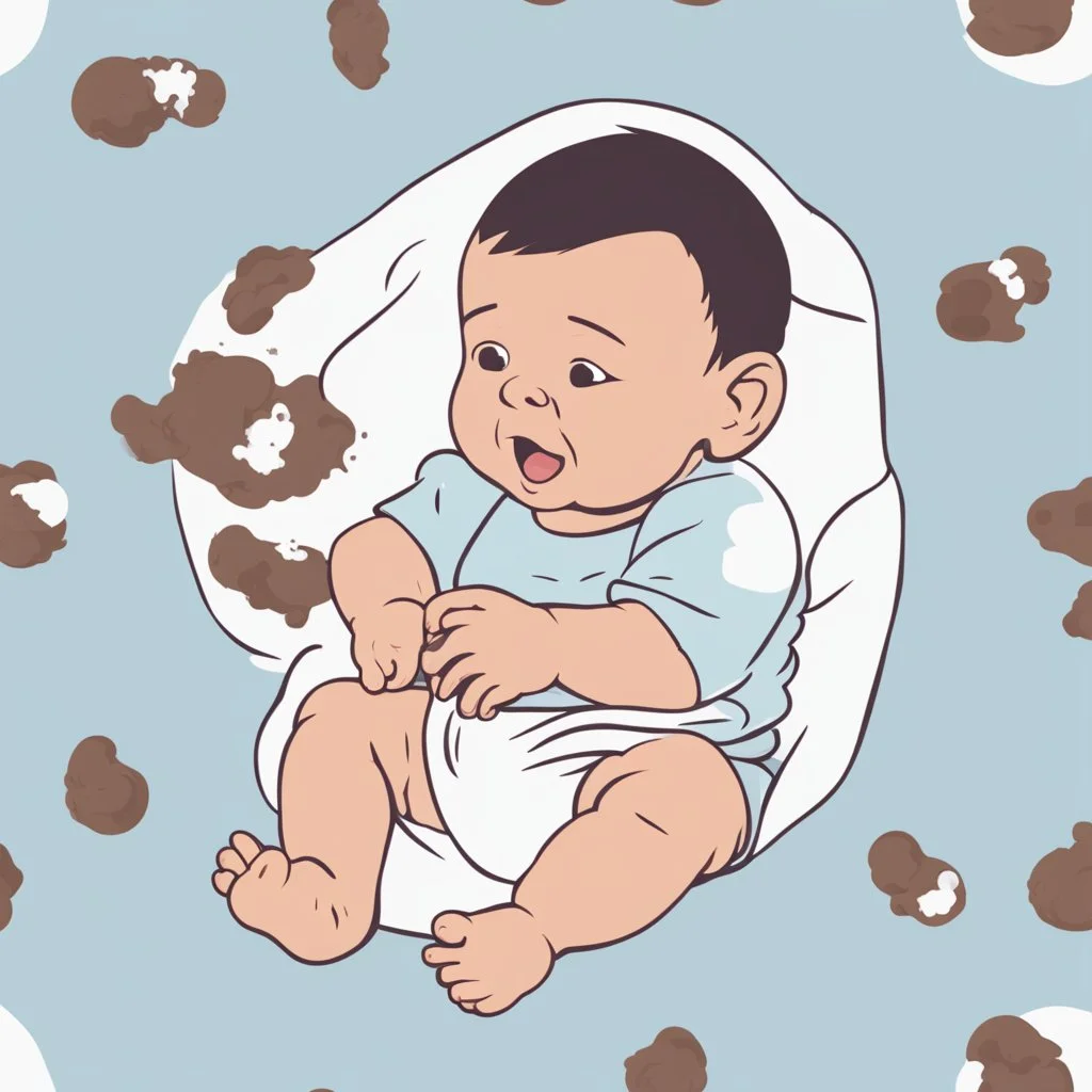 Please create a simple illustration of a baby with a noticeably full diaper. The baby is playing with poop. The background should be white.