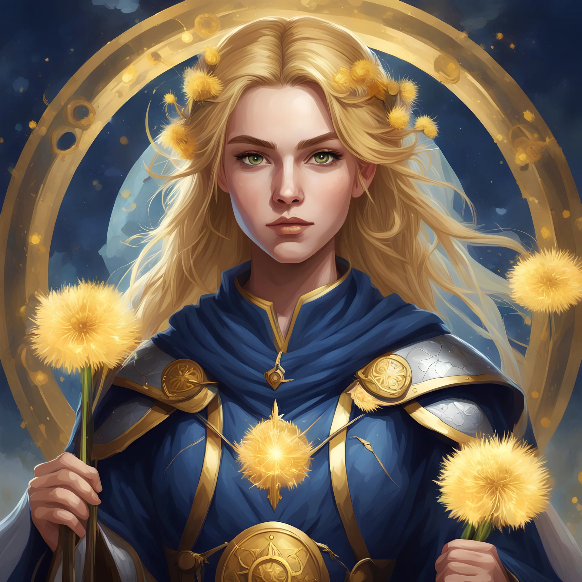 dungeons & dragons; digital art; portrait; female; cleric; gold eyes; golden hair; young woman; robes; long veil; soft clothes; dark blue and gold robes; robes with armor; cleric of bahamut; dandelions; teenager; traveling; circle halo background
