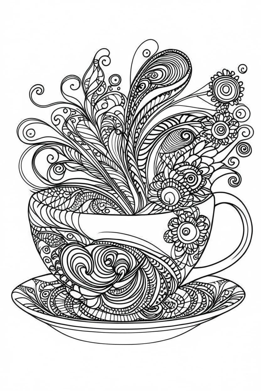 Outline art for coloring page, FULL PAGE EMPTY TEACUP GROOVY DESIGN, coloring page, white background, Sketch style, only use outline, clean line art, white background, no shadows, no shading, no color, clear