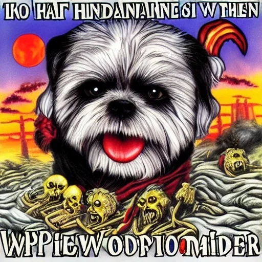 Shih Tzu in the style of an Iron Maiden album