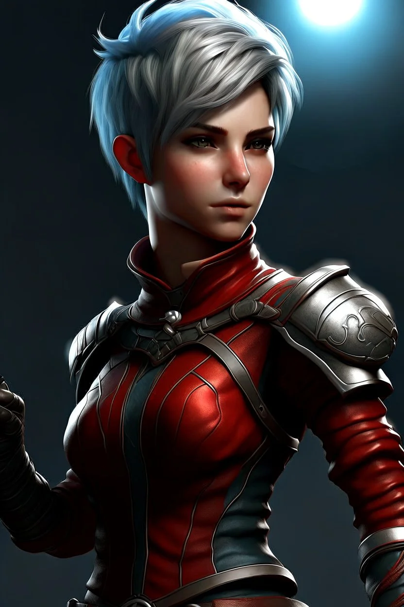 create a female air genasi from dungeons and dragons, dark gray short hair, light blue eyes, wind like hair, wearing red leather clothing, realistic, from waist up, digital art, high resolution, strong lighting