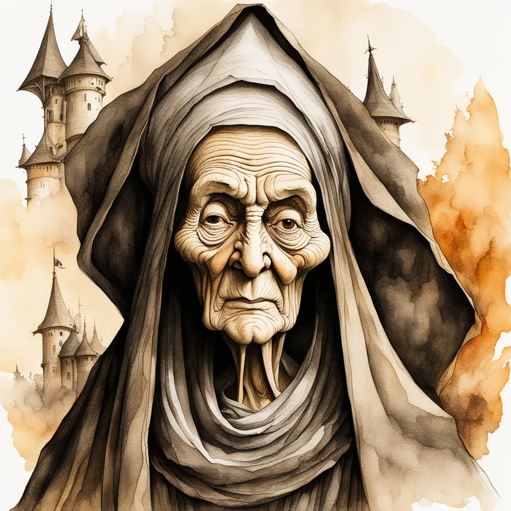 a Dutch Renaissance era ink wash and watercolor caricature illustration of a wizened and aged sorceress , highly detailed facial features, in the style of Pieter Brueghel the Elder , Hieronymus Bosch, and Gerald Scarfe aged canvas, craquelure finish, archaic masterpiece, 4k