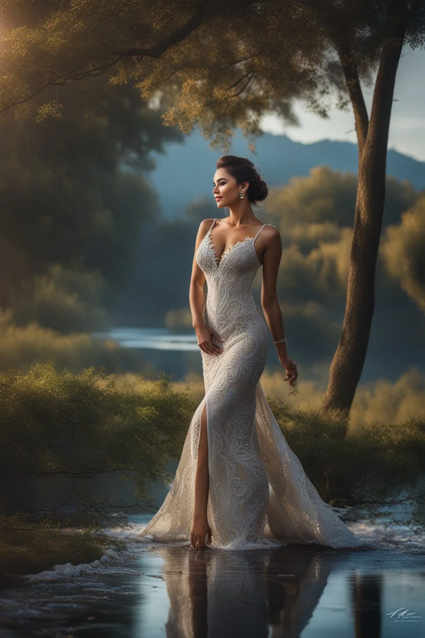 full shot body photo of the most beautiful artwork in the world featuring model, smiling, , High Detail, Sharp focus, dramatic, photo realistic, ultra sharp, ultra hd, hyper realistic, ultra realistic, ((((dress)))), trending on artstation, sharp focus, studio photo, intricate details, highly detailed, standing in nice pose in country side with river ,water fall ,rocky vally