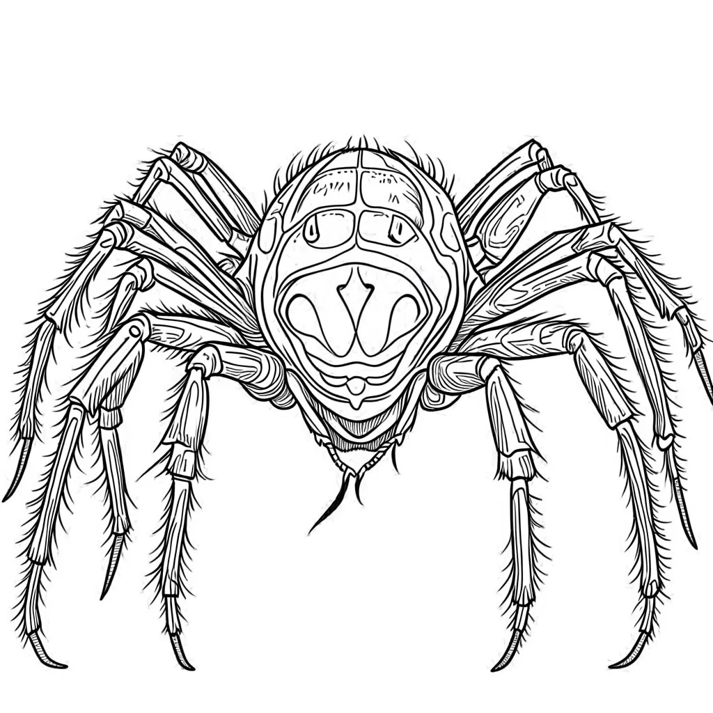 Cartoon outline, Goliath Bird-eating Spider little full body, coloring pages, no color, highly detailed, black and white, white background, highly detailed