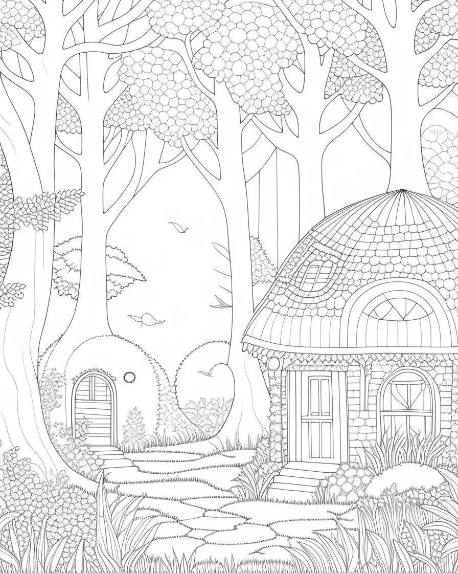 Coloring pages: An enchanting woodland scene with fairy houses hidden among the trees and twinkling fireflies.