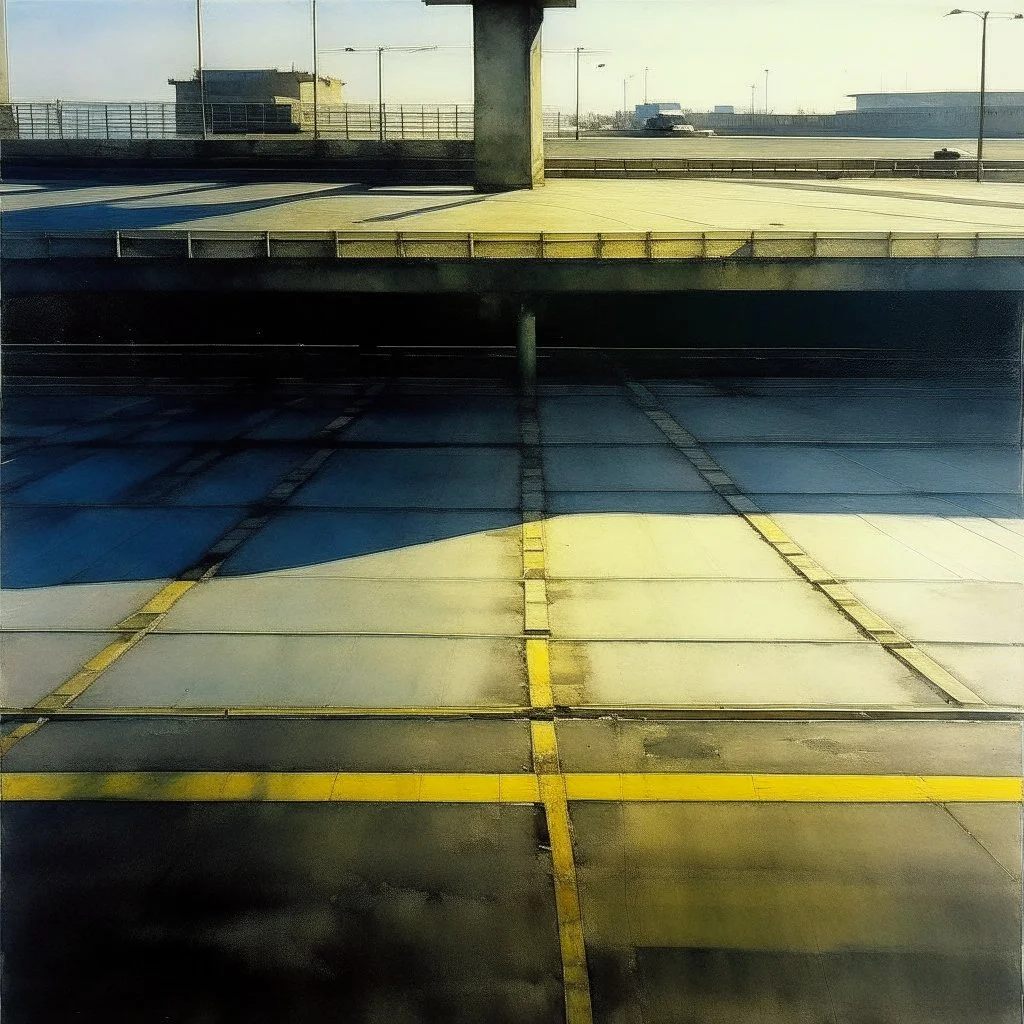 Minimal contemporary abstract watercolour of a concrete desolate 1960s carpark. In the style of Justin Mortimer and Francis Bacon. road markings on tarmac.