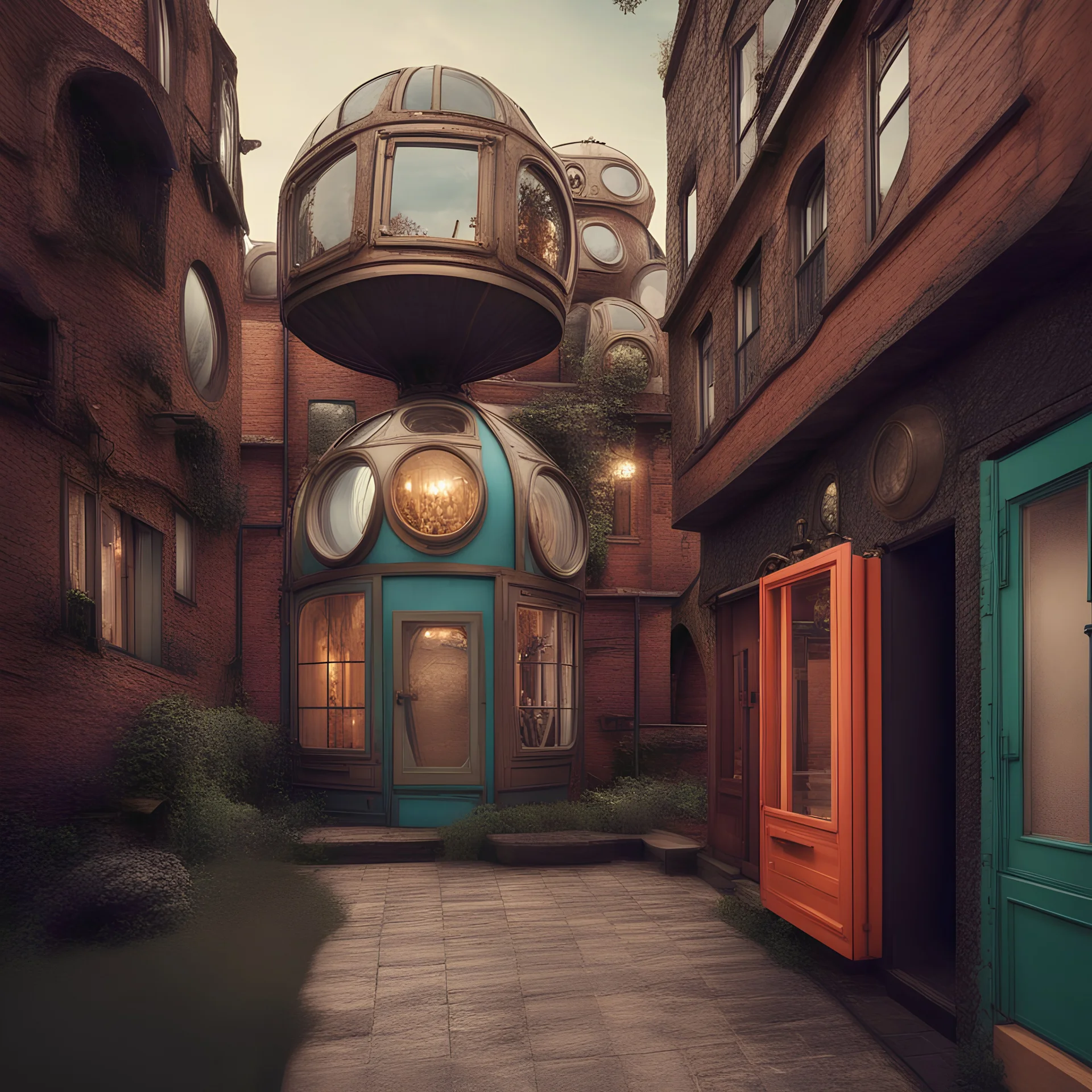 Set in a whimsical world inspired by steampunk and fantasy, the street is a blend of old and new with houses of postmodern design showcasing a mix of industrial and natural finishes. Curious individuals peer through the strange circular and spherical windows, their colorful outfits adding a vibrant contrast to the surroundings