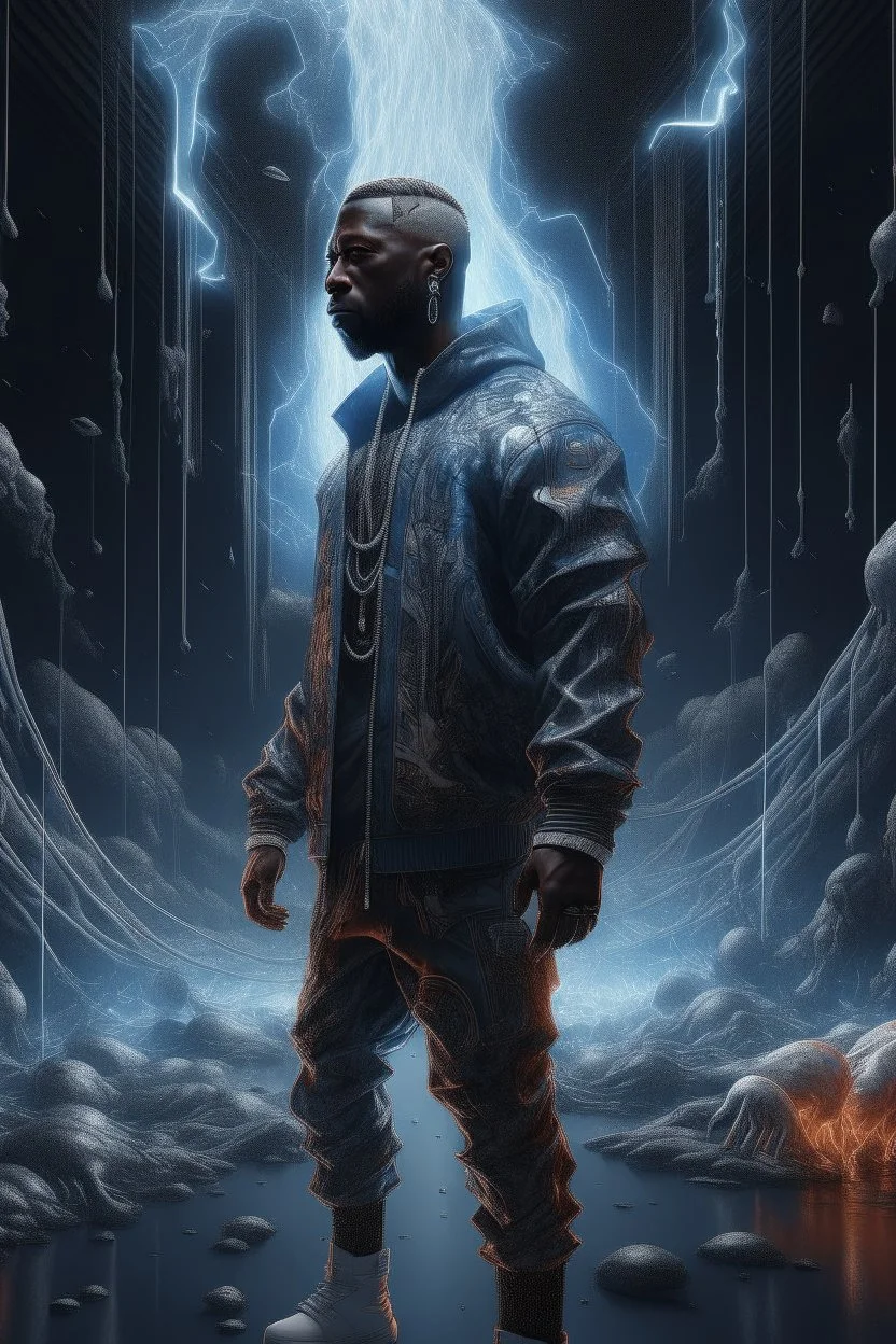 ultra instinct super saiyan Kanye West , Full body, night sky, rain, hyperdetailed , luminism, art by Carne Griffiths and Wadim Kashin concept art, 4k resolution, fractal isometrics details bioluminescens , 3d render, octane render, intricately detailed , cinematic, trending on arts tation Isometric Centered hype reallistic cover photo awesome full color, hand drawn , gritty , intricate, hit definition