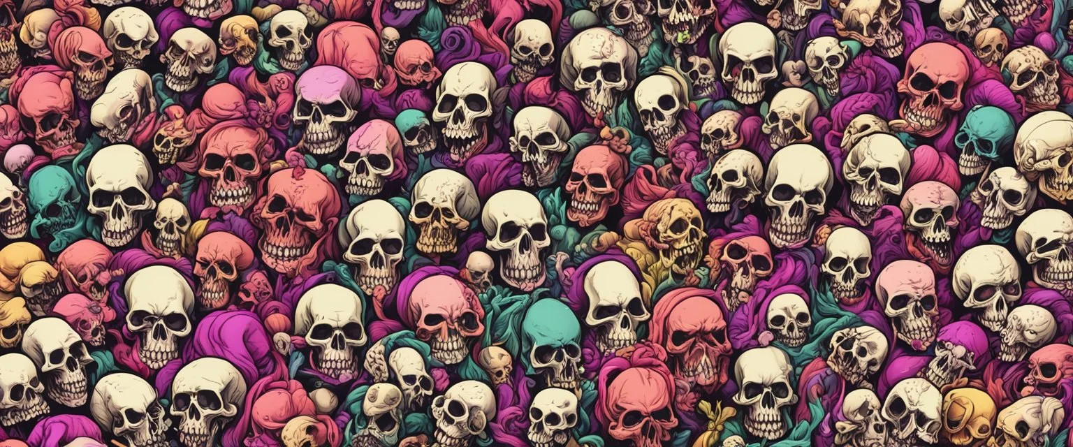 a field of 1000s of cartoonish, anatomically correct, skulls, vivid RANDOM BRIGHT neon colors, dark comedy, well lit, high detail, photorealistic, horrorcore, fun, scary, dead, 100% detail on all drawn, nothing partial or filler