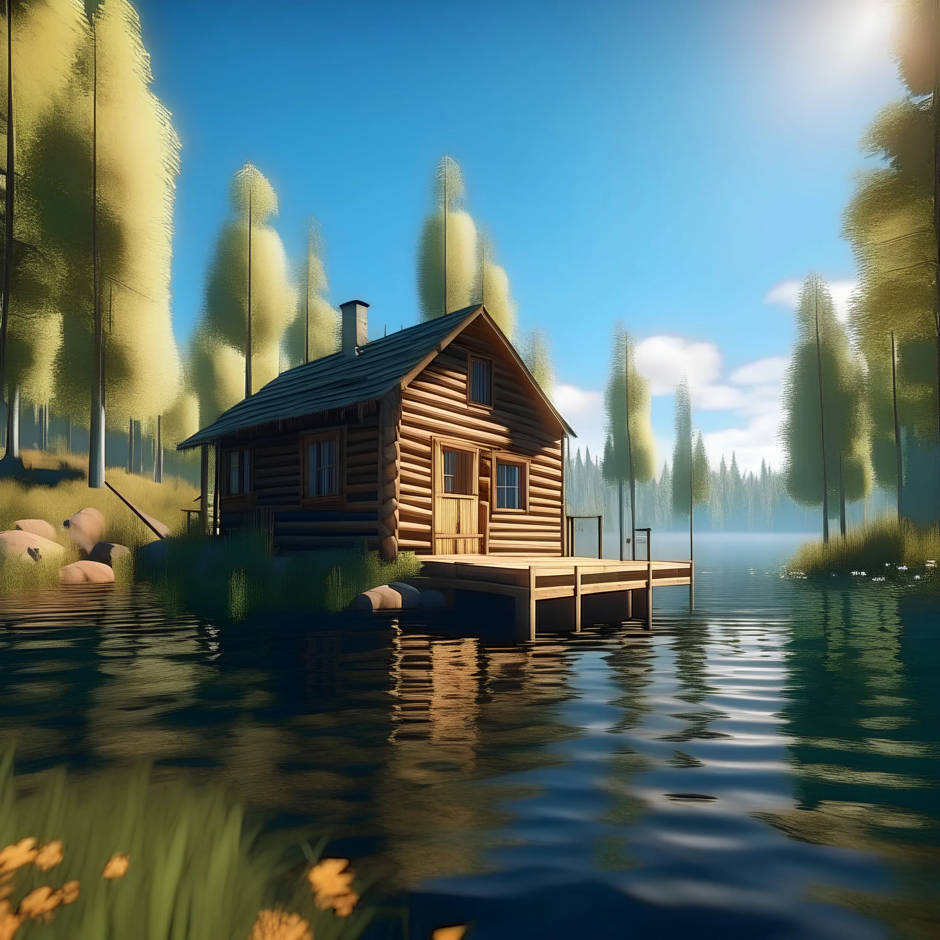 Cabin in the woods by a lake, sunny day, realistic photo, 8K