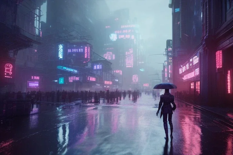 3D, beautiful, light reflecting, empty future city at night, rainy night, neon, cyberpunk, tron, one cyborg walking, 8k, finely detailed, photo realistic