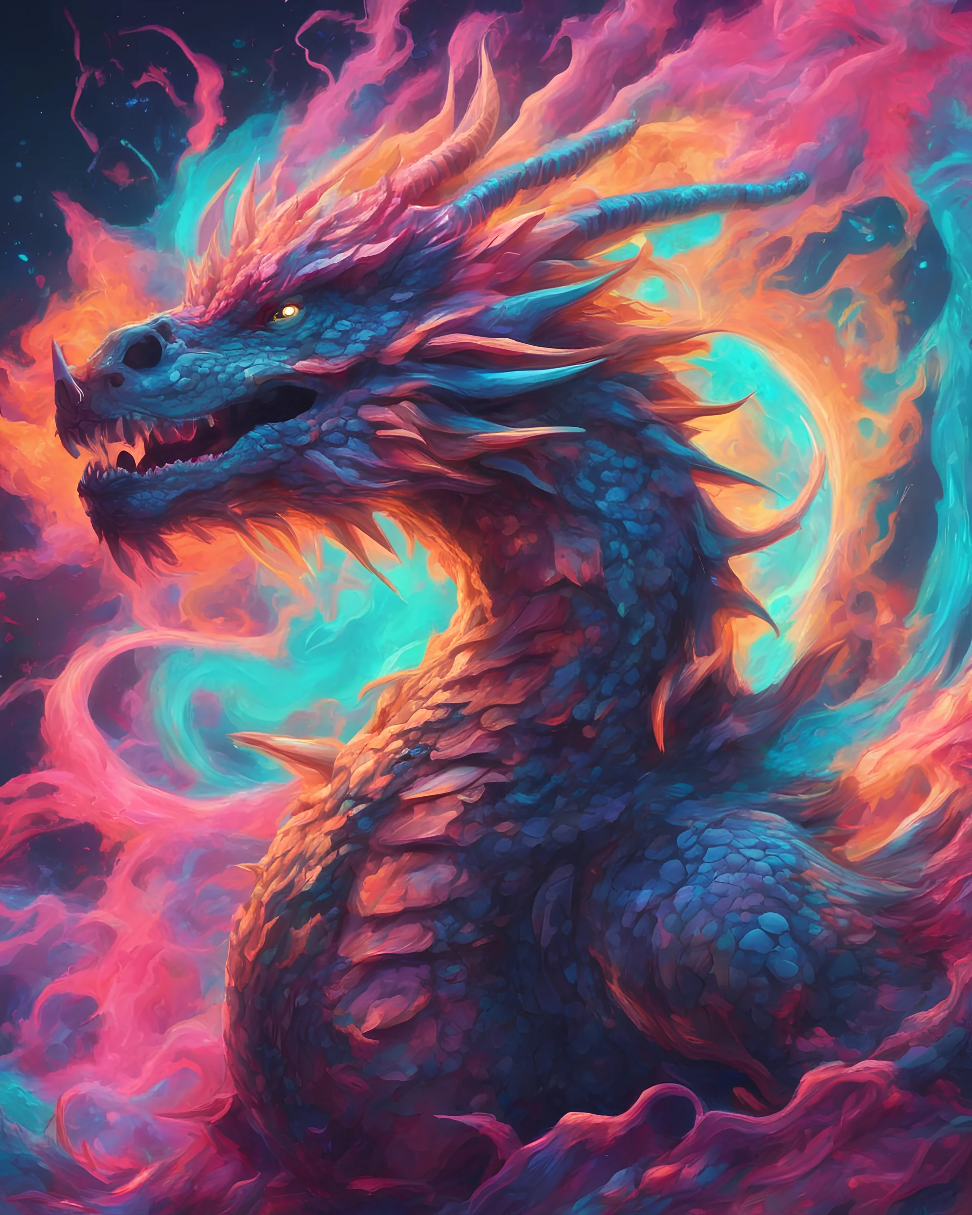 Close up shot, Dragon in a vibrant synthwave dreamscape, neon chaos swirling energetically around pixelated forms, a dynamic fusion of retro gaming nostalgia and futuristic abstraction