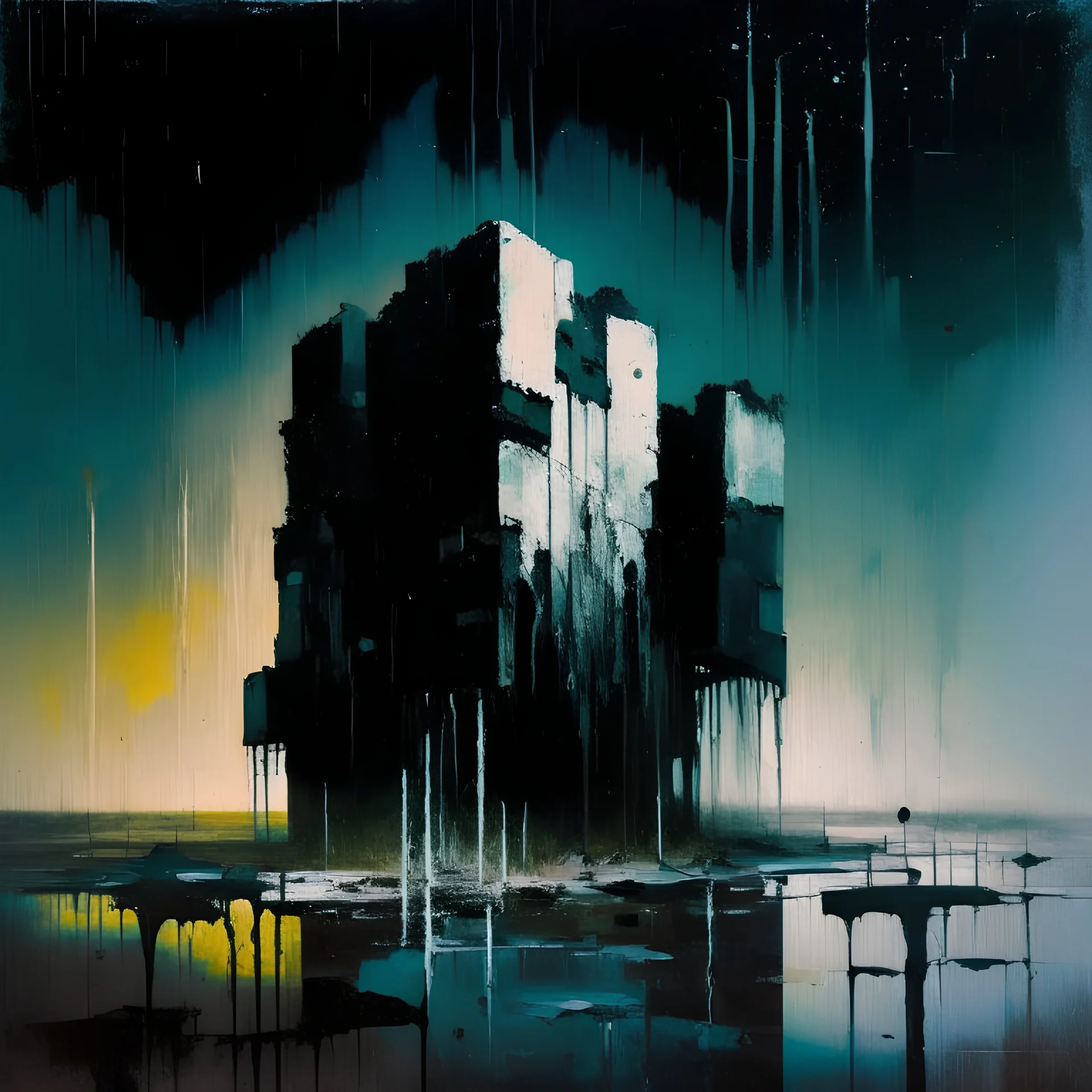 Dystopian future In desolate landscape at night. With a brutalist architecture concrete decaying blocks falling. Minmal Abstract oil painting in style of Justin Mortimer. Smudges and dripping paint.