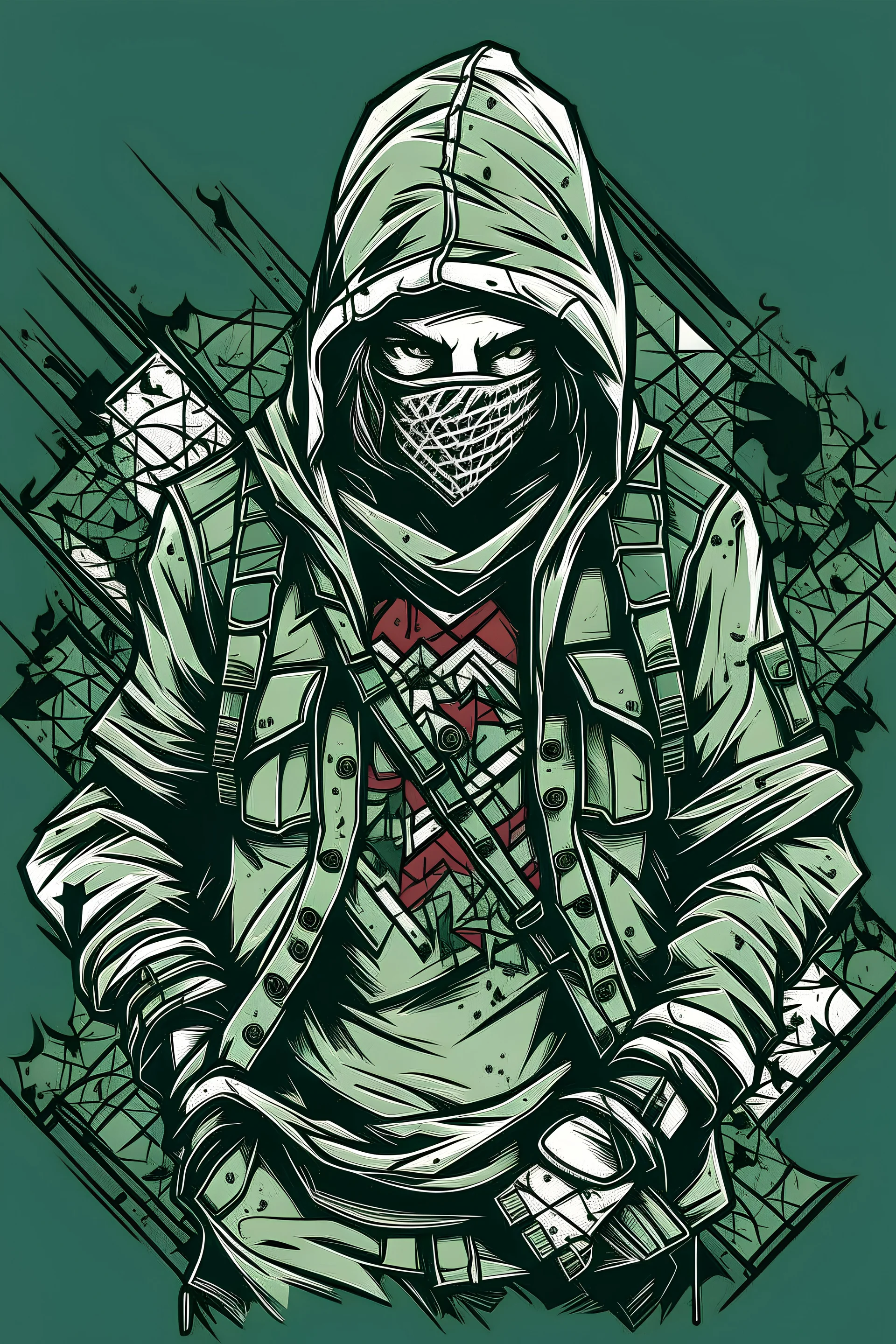 tattoo art, distressed image of Palestine Intifada soldier, use kafiyeh uniform, ready to fight, war, vector art, flat design, gloomy color,