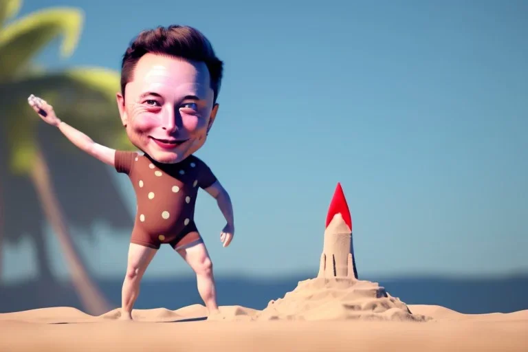 Elon musk as a 4 year old toddler building a Very tall rocket-shaped sandcastle on the beach. He is wearing a polkadot swimsuit. He is a baby