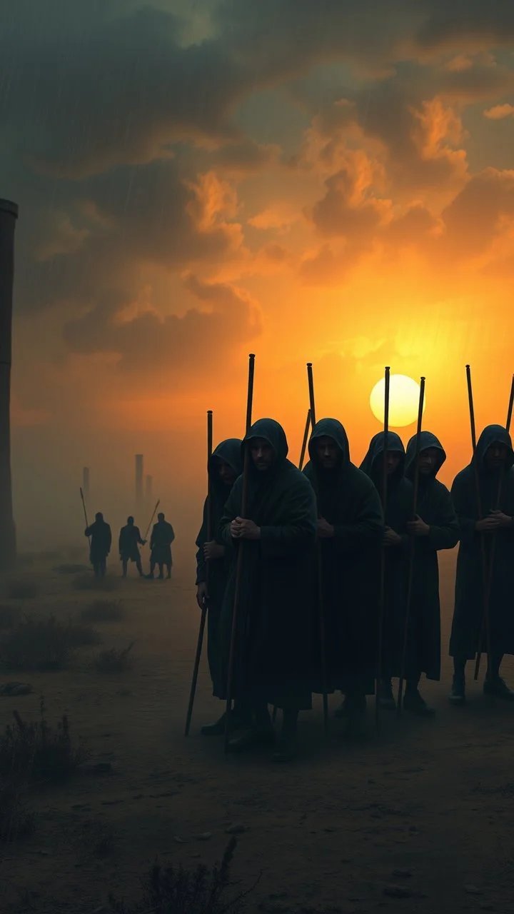Bosch painting style nightmare , 3D ,a group of prisoners slave in black tied together in line in a dramatic misty scene of the sunset time in a stormy weather in the desert background, high Quality picture , 8k