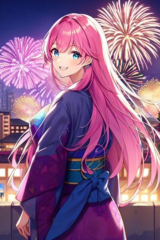 girl, masterpiece, best quality, cinematic lighting, detailed outfit, vibrant colors, perfect eyes, long hair, pink hair, blue eyes, kimono, fireworks, laughing, town, looking back,