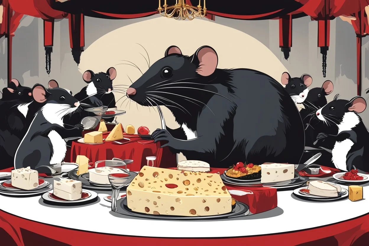 Vector illustration of a (((large rat sitting))) at a banquet table, eating a (((large cheese))), sitting at the same table, (((other rats watching the large rat eat))). White, red and black colors