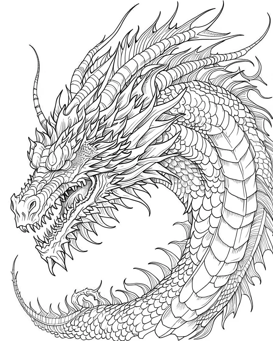 coloring image of dragon, line art, realistic, white background