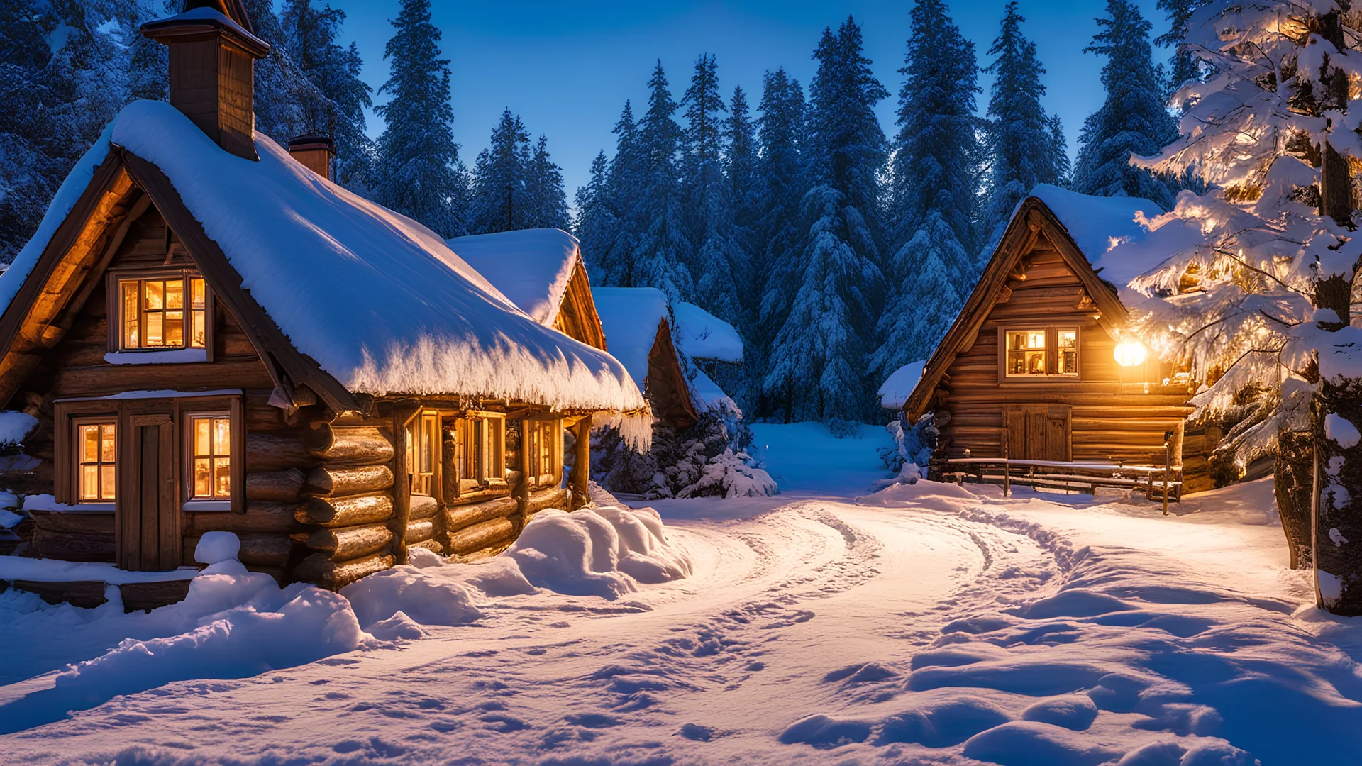 photorealism, night, dawn, snowball, very beautiful Russian village, beautiful wooden logs, various carved beautiful houses of different colors, fluffy trees, long snow-covered path, fluffy snow, yellow-blue shadows, professional photography, pastel colors, high resolution, high detail, ISO 100, realistic, beautiful, aesthetic, soft lighting, subdued lighting, bright lighting, Catherine Welzstai, Tim Burton