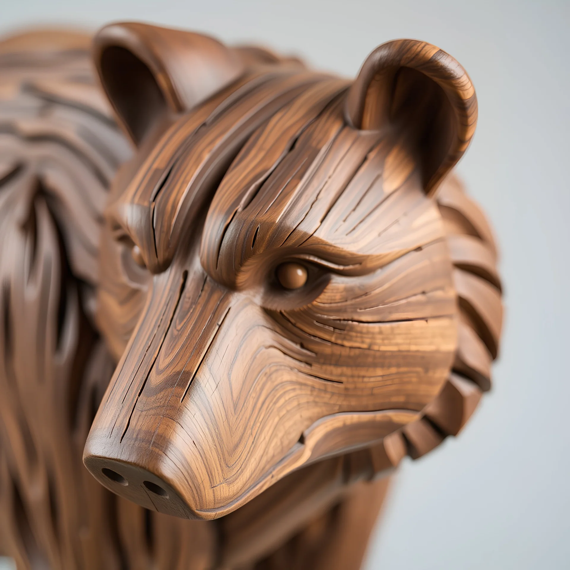 Detailed of a wooden bear sculpture, highlighting the texture and grain of the wood