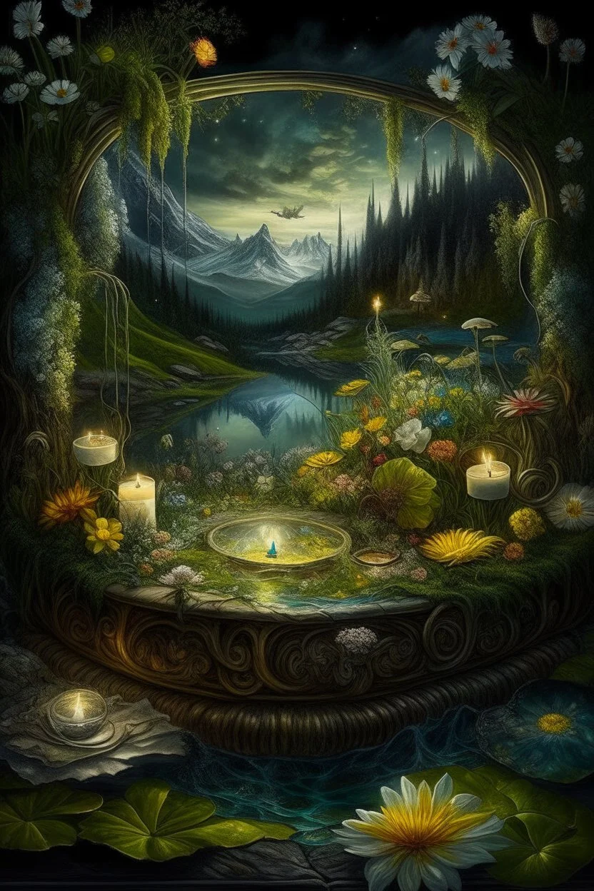 Hyperrealism against the background of a spring landscape in the forest +mirror with a tsunami whirlpool +mountains +ritual +candles+dried flowers+wildflowers+moss++decoupage of flowers+embroidery technique+braided beads+vine+moonlit night,fabulous landscape,surrealism,realism,naturalism,dot technique,microdetalization,high detail objects,digital illustration,volumetric clarity,dark fantasy,dark botanical, professional photo