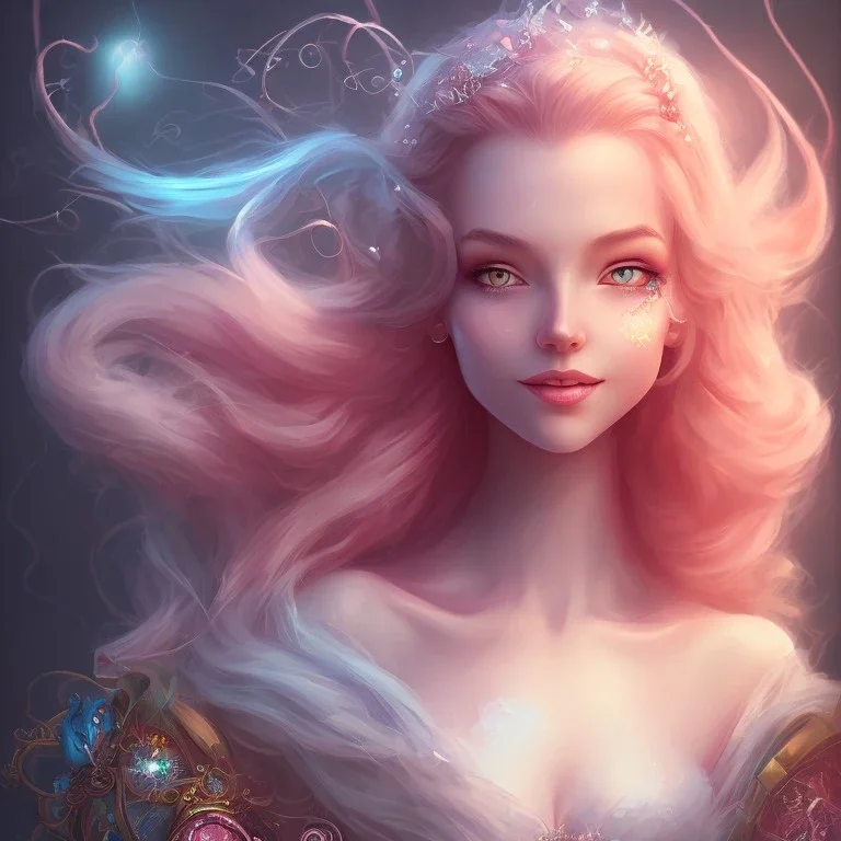 portrait, visage sourire, fée, magicienne, fantasy, bleu et rose