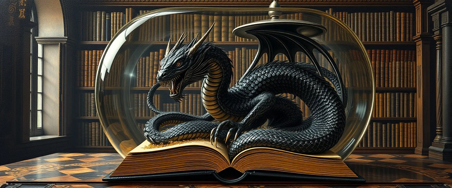 master oil painting by Escher and Giger, ancient library book obsidian fluffy chrome black serpent dragon inside huge transparent vase and with gold, master 3d models, book of the dead, flash rune symbol