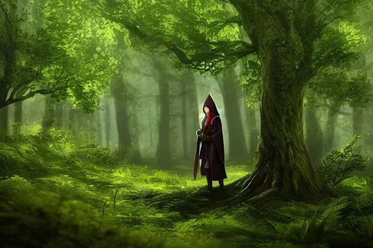 green robed elf in forest hiding behind a tree, highly detailed, 8k, atmospheric lighting, trending on artstation